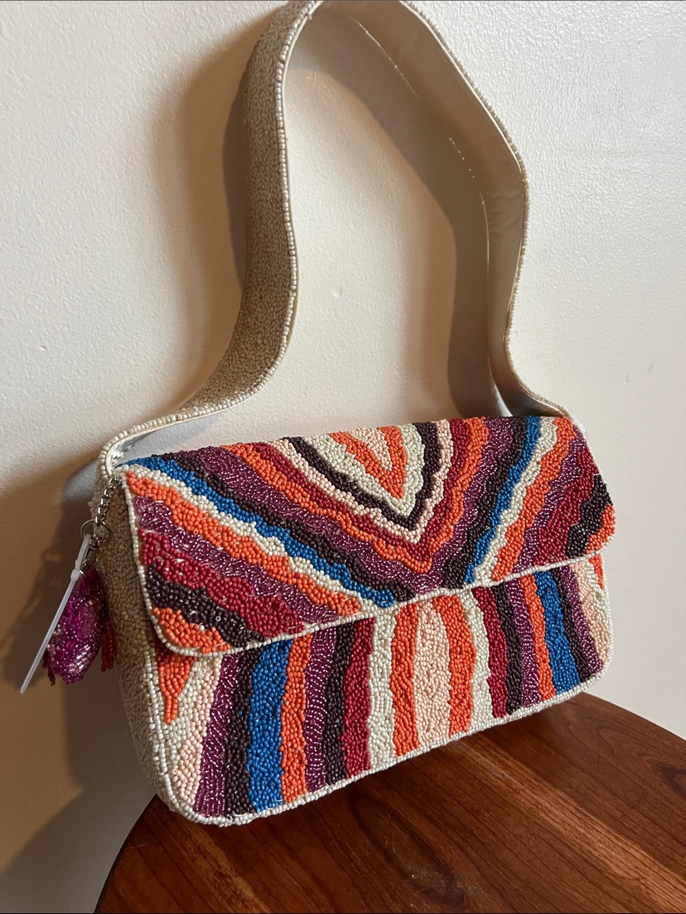 Handcrafted Beaded Multicolor Shoulder Bag - Neutral Strap festival beaded art